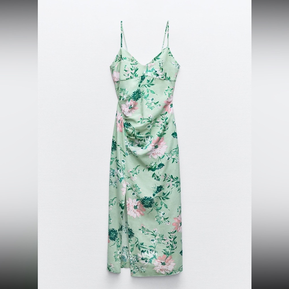 LINEN BLEND FLORAL PRINT MIDI DRESS